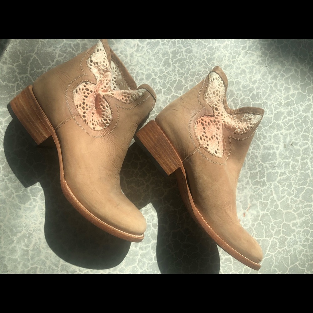 NEW Tan leather and crochet booties. Never worn